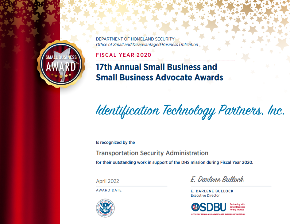 DHS TSA 2020 Small Business Award - Identification Technology Partners | IDTP